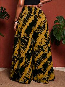 Maweii Pantalones de talla grande con cintura alta, cintura plisada y estampado de bloques de color - Amarillo - Ver 3