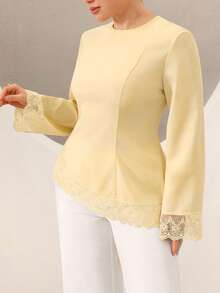 Graceveil Plus Size Women's Bell Sleeve Lace Patchwork Cinched Waist Asymmetrical Hem Blouse Fall - Yellow - View 5