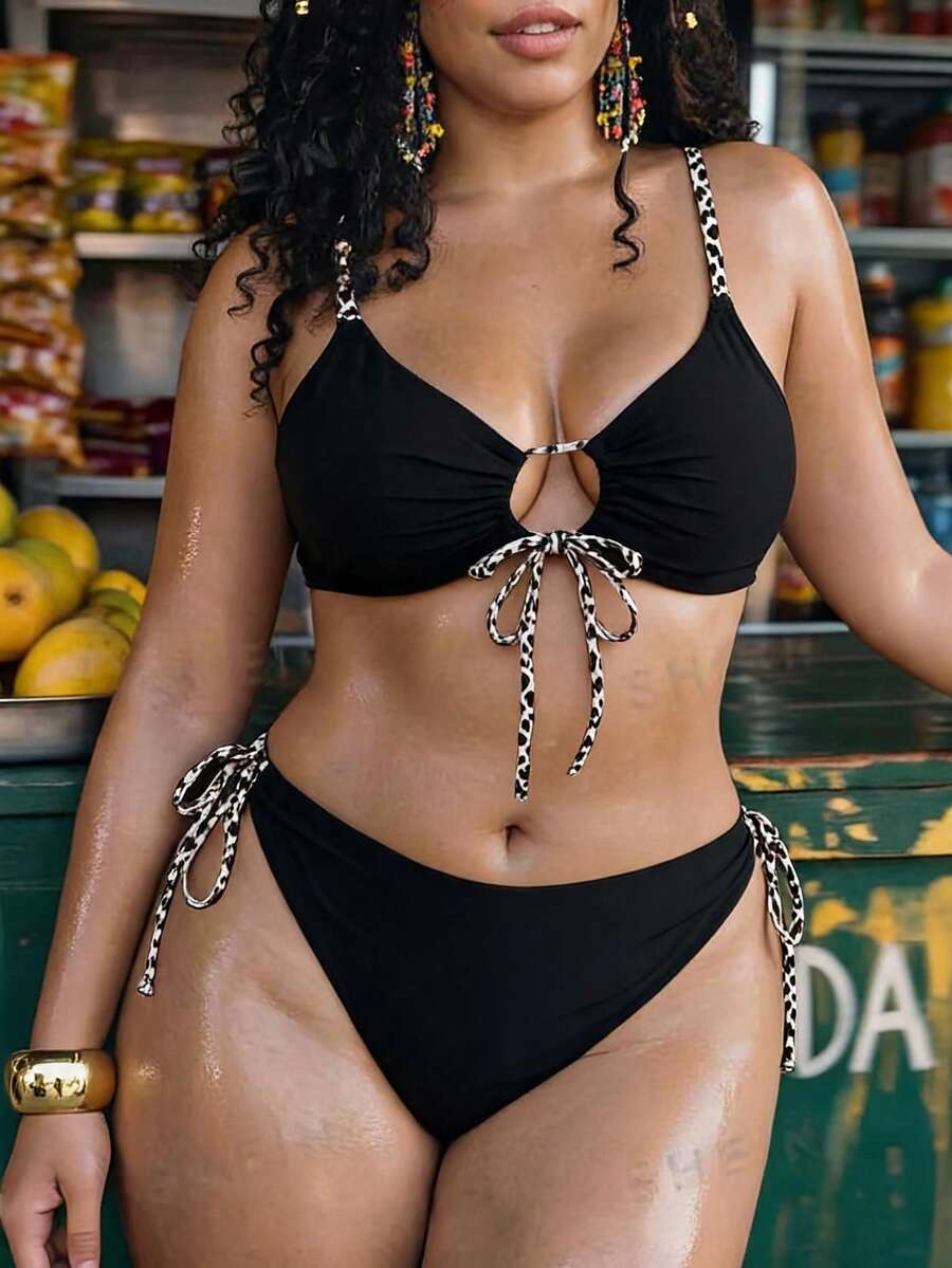 Swim Vcay Bikini de 2 piezas con tirantes finos y lazo delantero, estampado floral, braguita triángulo, talla grande para mujer, negro, sexy, para vacaciones de verano en la playa - Multicolor - Ver 1