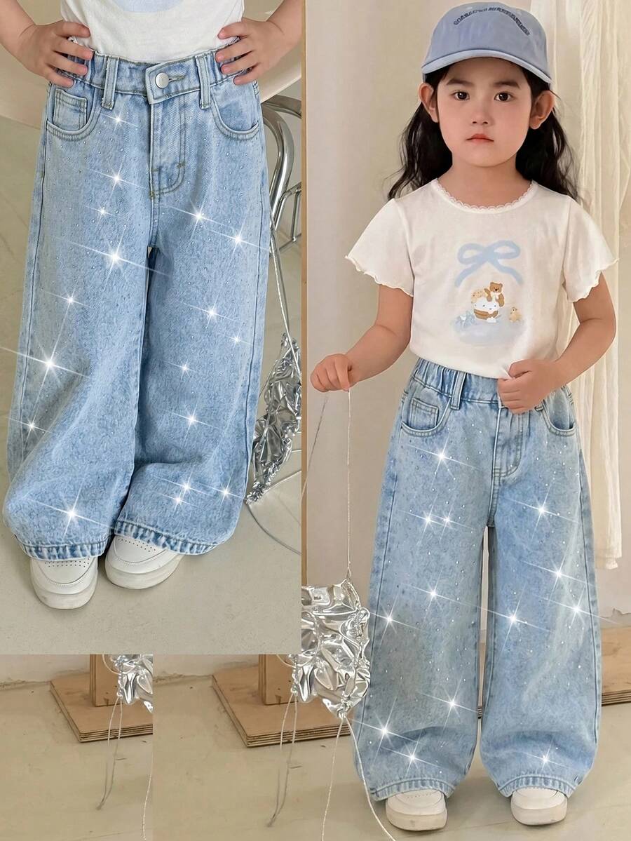 SHEIN 少女時尚休閒 Y2K 復古酷感街頭簡約基礎可愛閃亮鑽飾藍色寬鬆牛仔褲,日常穿著,春夏季 Rave 祭典與街頭風 - 淺色水洗藍 - 查看 1