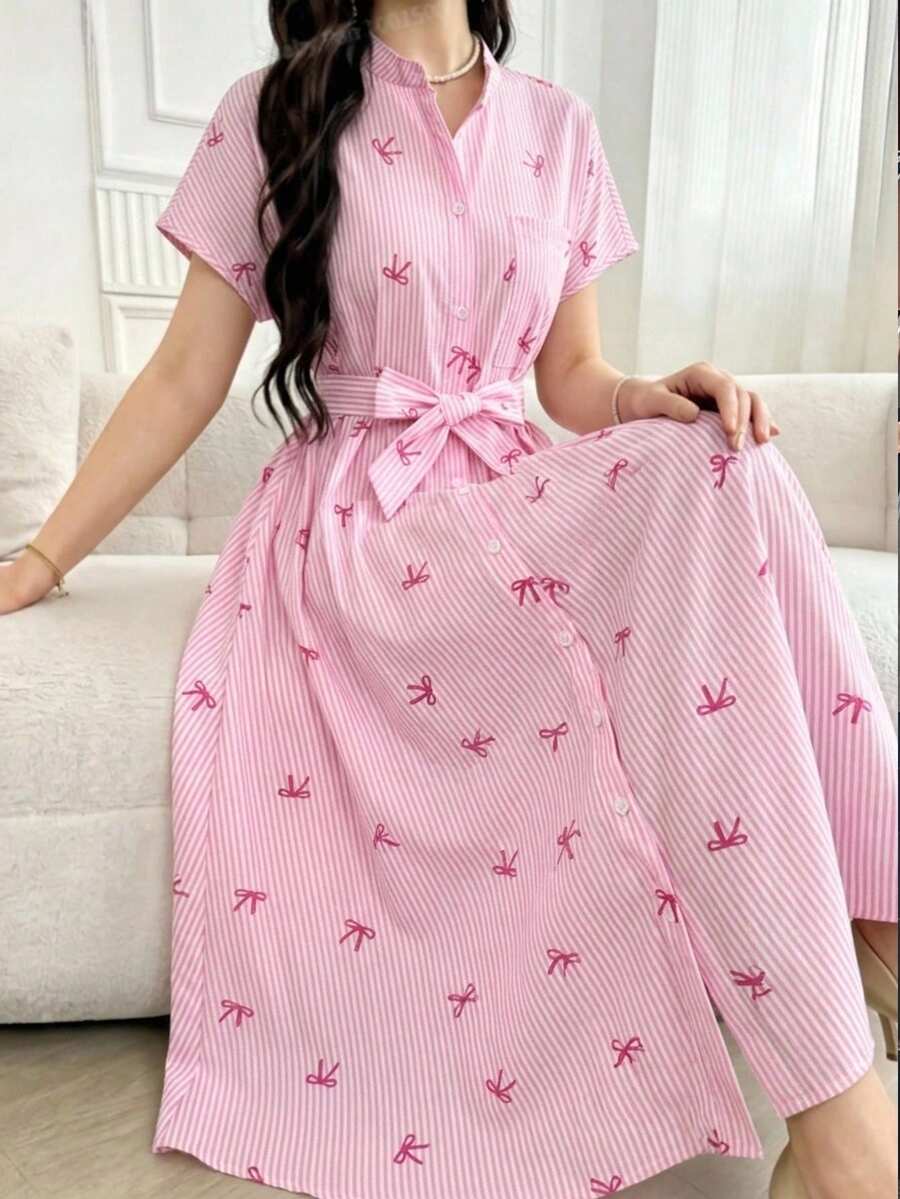 SHEIN 青少年女孩夏季休閒可愛時尚短袖迷你洋裝，緊身顯身材，抓皺設計，中長裙，碎花，亮眼正式生日穿搭，桃紅色