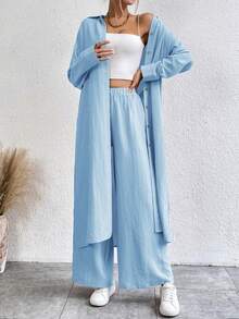 Louniche Conjunto de dos piezas de camisa larga y pantalones largos de unicolor - Azul - Ver 3