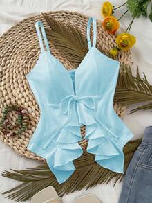 Selianne French Gentle Style Front Tie Ruffle Strap Slim Fit Flattering Camisole Tank Top - Baby Blue - View 4