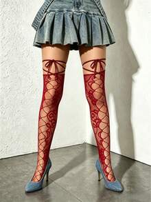 ROMWE 1Pair Sweet Kawaii Burgundy Hollow Rose Strap Over Knee Fishnet Socks - Burgundy - View 5