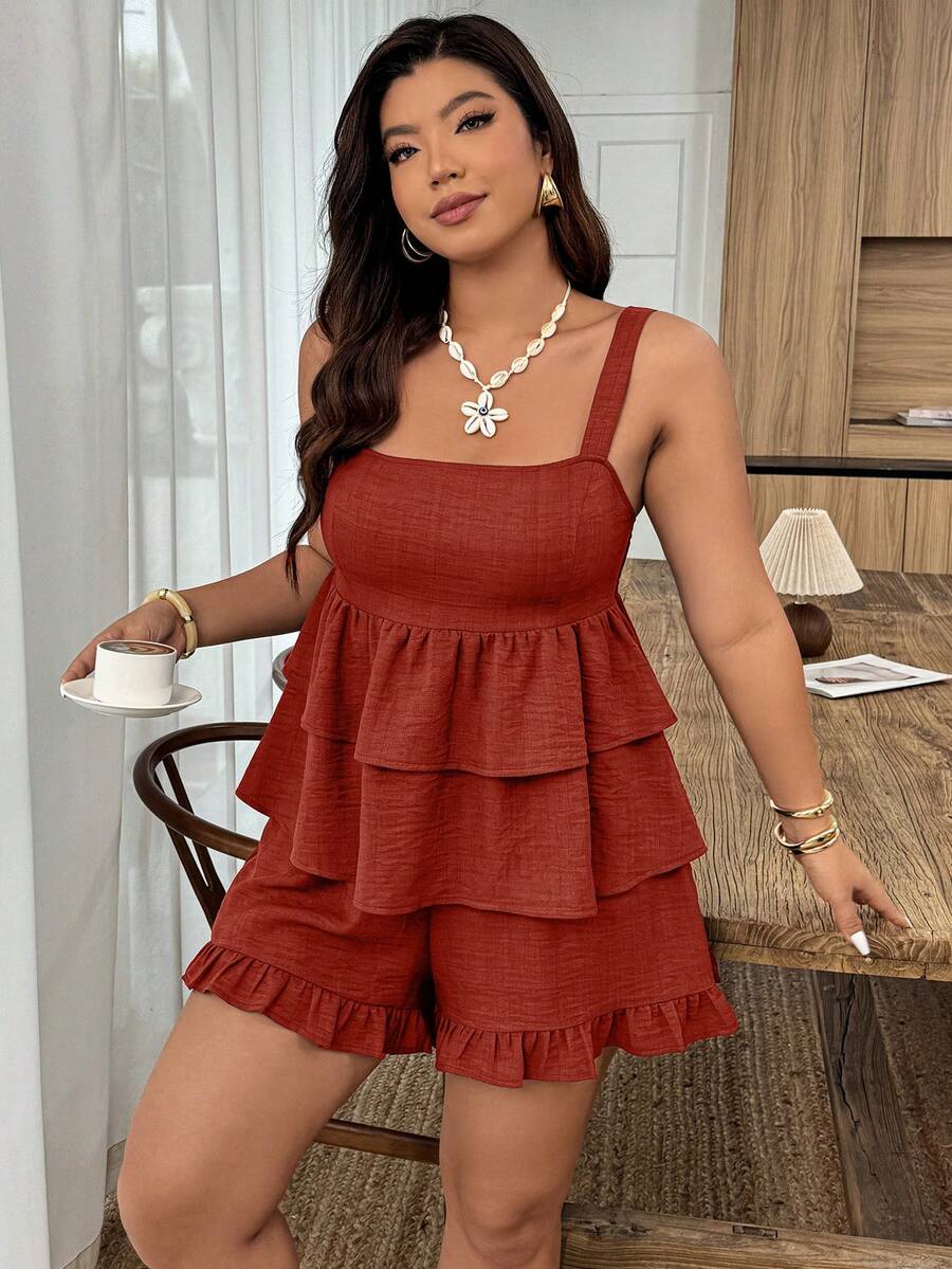Weeklong Women's Plus Size Spring/Summer Casual Camisole Ruffle Hem Top And Ruffle Hem Pants 2-Piece Set, Suitable For Vacation And Daily Wear - Rust Brown - View 1