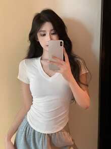 DAZY 女款V領休閒純色修身短袖T恤夏季 - 白色 - 查看 6