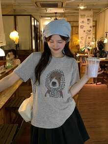 DAZY 女款圓領卡通頭巾小狗韓風春夏短袖T恤圖案印花可愛上衣 - 灰色 - 查看 3