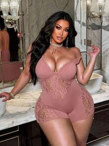 NU&NOW Plus Size Women Deep V Neck Spaghetti Strap Romper - Dusty Pink - View 1