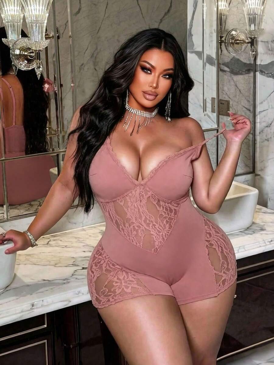 NU&NOW Plus Size Women Deep V Neck Spaghetti Strap Romper - Dusty Pink - View 1
