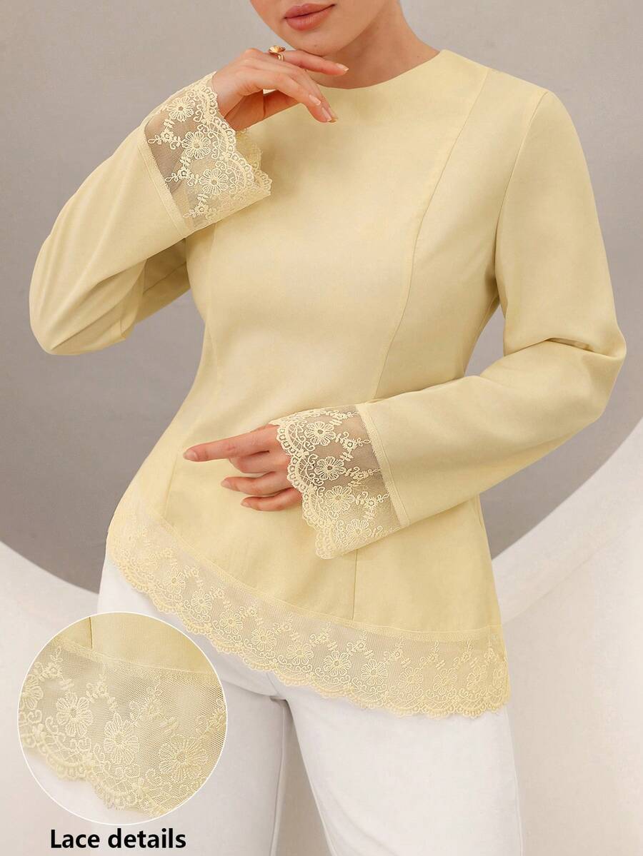 Graceveil Plus Size Women's Bell Sleeve Lace Patchwork Cinched Waist Asymmetrical Hem Blouse Fall