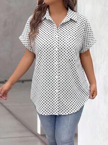 Vionelle Blusa holgada para mujer de talla grande con lunares negros y blancos, cuello con solapa, puños enrollados, hombros caídos, mangas enrolladas y un solo bolsillo - Blanco - Ver 3