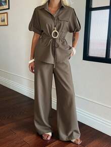 DAZY Summer Women's European And American Style Light Luxury Drawstring Waist Short Sleeve Shirt And Long Pants Two Pieces Set Vacation Travel Olive Green - Coffee Brown - View 8