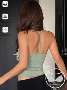 DAZY Camiseta de tirantes sin mangas de punto rojo con relleno integrado, ajuste ceñido, corta, capa interior, capa base para mujer - Verde - View 2