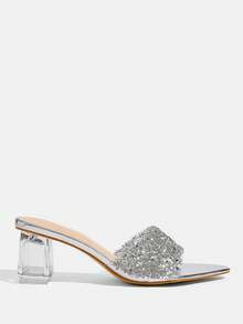 CUCCOO TILAWA Transparent Asymmetrical Thick Heel Pointed Women's Glass Rhinestone Sandals - Bright silver - View 10