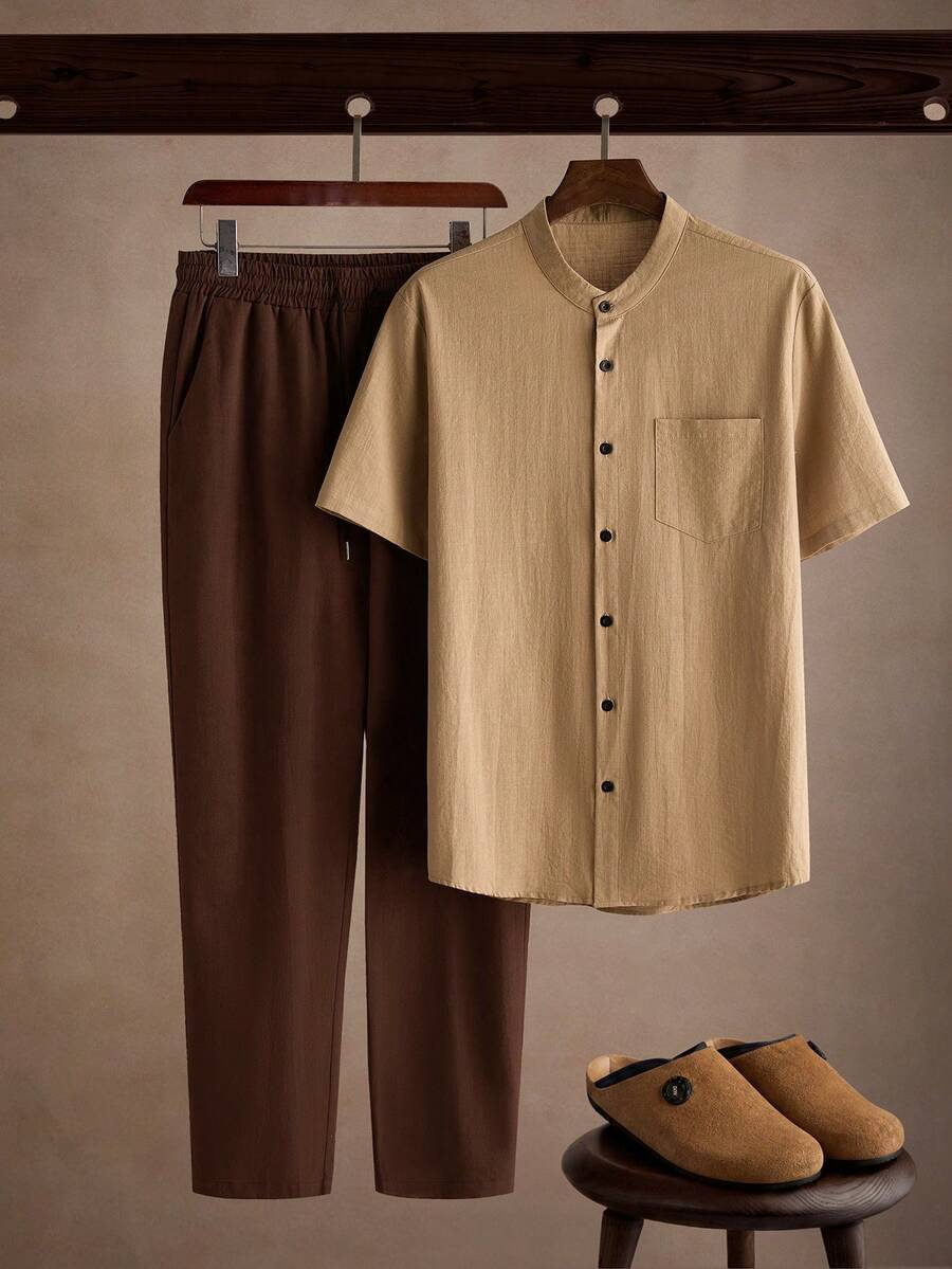 Core Aspect Men's Solid Color Short Sleeve Pocket Shirt And Pants Casual Set - Multicolor - View 1