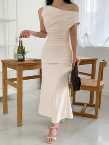 DAZY Women's Cowl Neck Wrap Skirt Mermaid Skirt 2pcs Set - Beige - View 5