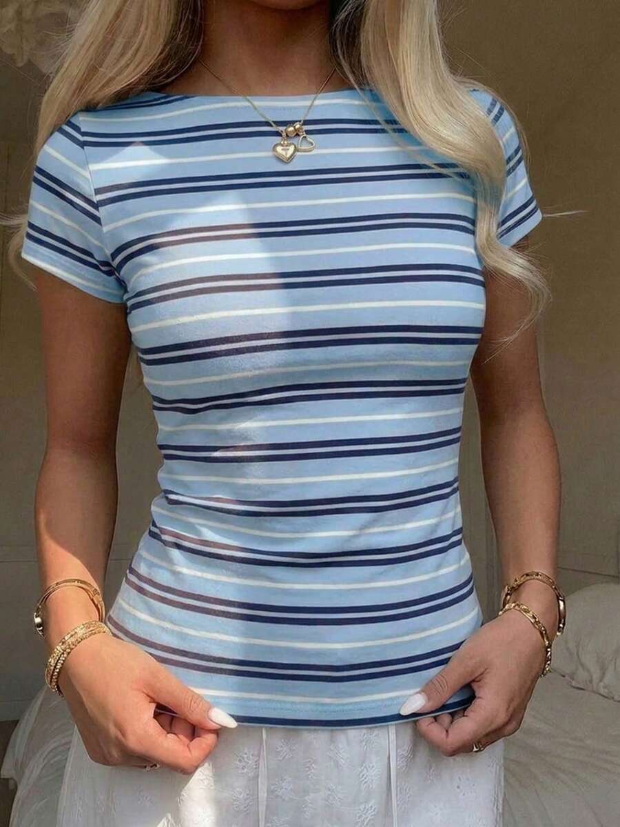 CovetEZ 休閒簡約淺藍深藍條紋女款T恤,適合夏季 - 彩色 - 查看 1