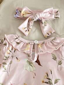 SHEIN Set 3 pcs Pakaian Rumahan Bayi Baru Lahir Warna Pink Manis Lucu Motif Bunga Atasan Lengan Pendek dan Celana Panjang Terusan - Berwarna merah muda - View 8
