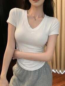 DAZY 女款V領休閒純色修身短袖T恤夏季 - 白色 - 查看 3