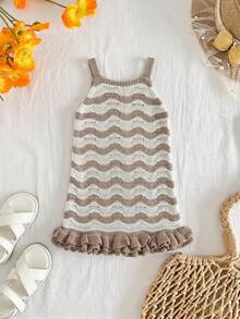 SHEIN Young Girl Crochet Cute Vacation Wavy Colorblock Floral Hem Cami Dress - Coffee Brown - View 2