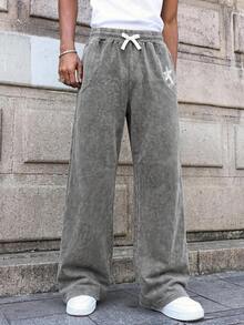 SHEIN 青少年男孩休閒日常百搭舒適灰色水洗做舊效果印花直筒寬鬆運動長褲，適合返校、生日派對、晚餐、表演、婚禮、洗禮、開學典禮等，適合日常穿著、學校、旅行、運動，適用於春季、夏季 - 灰色 - 查看 4