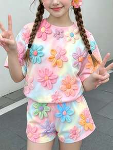 兒童青少年女孩休閒簡約可愛紋理碎花、繫帶、復古風、花卉田園風短袖短褲兩件套，適合夏季 - 彩色 - 查看 2
