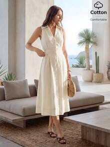 Easowa Women's Solid Color Sleeveless Summer Minimalist Frenchy Design Front Button Midi Dress Brunch White - Apricot - View 8