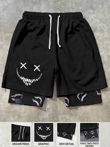 SHEIN 1 Quần short lưới rút dây họa tiết hình Teenboy, đi học; mặc mùa xuân; quần áo cho bé trai tuổi teen; áo khoác cho bé trai tuổi teen, mùa xuân trở lại trường - màu đen - Xem 3