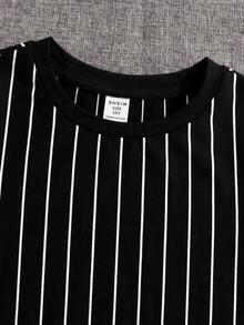 SHEIN 兒童青少年男孩休閒運動條紋圓領T恤與短褲套裝 2件組，適合學校、日常休閒外出、運動，春夏季穿著 - 黑色 - 查看 5