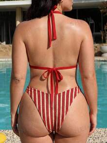 Swim Vcay Atasan Bikini Segitiga Minimalis Ukuran Plus untuk Liburan - Red and White - View 2