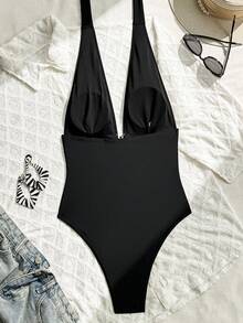 Costavie 夏季海灘女款度假純色美拉德風連身泳衣，收腹顯瘦高衩性感連身泳衣 - 彩色 - 查看 3