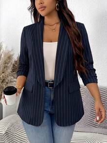 SHEIN LUNE Blazer Wanita Ukuran Besar Warna Polos Lengan Lipit untuk Musim Panas, Formal, Biru Tua, Kasual - Navy Blue - View 1