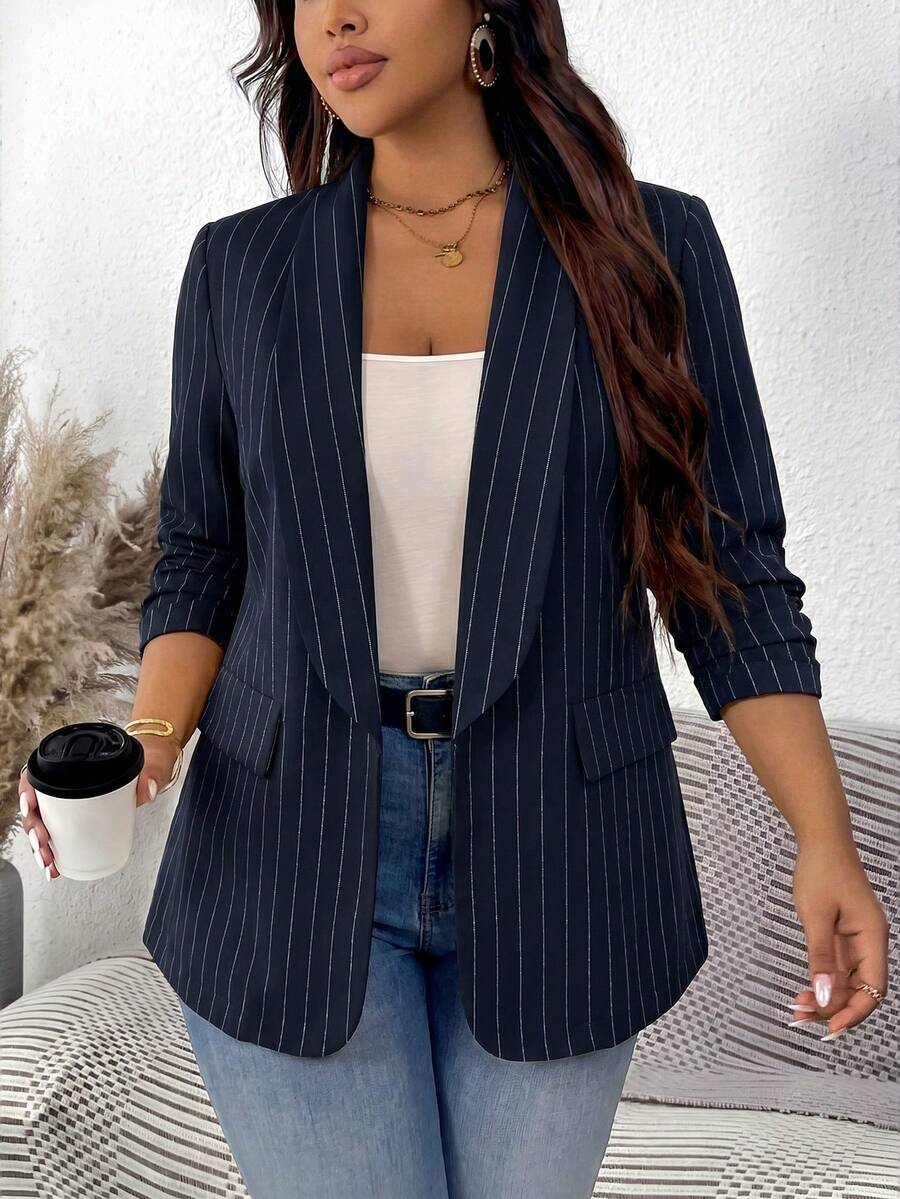 SHEIN LUNE Blazer Wanita Ukuran Besar Warna Polos Lengan Lipit untuk Musim Panas, Formal, Biru Tua, Kasual - Navy Blue - View 1