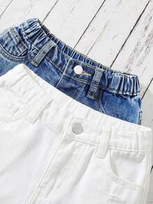 SHEIN 2pcs Young Girl Pocketed Button Distressed Frayed Hem Casual Versatile Daily Wear Denim Shorts - Multicolor - View 6