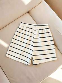 SHEIN Women's Casual Active Vacation High Waist Striped Print With Waist Rope A-Line Daily Wear Home Sports Shorts Black And White Striped Summer - White - View 3