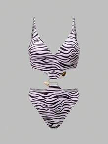 Oceva Women's Zebra Print Metal Buckle Sexy Cut Out One Piece Jumpsuit - Multicolor - View 8