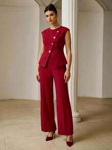 ZEYLAH Conjunto de 2 piezas con top de cuello redondo y pechera asimétrica sin mangas y pantalones largos - Rojo - Ver 5