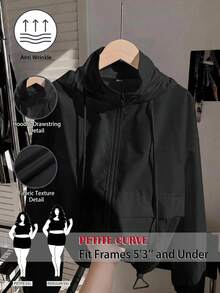 SHEIN PETITE CURVE Plus Size Women's Solid Color Drawstring Hooded Zip-Up Casual Versatile Daily Wear Jacket - Black - View 1