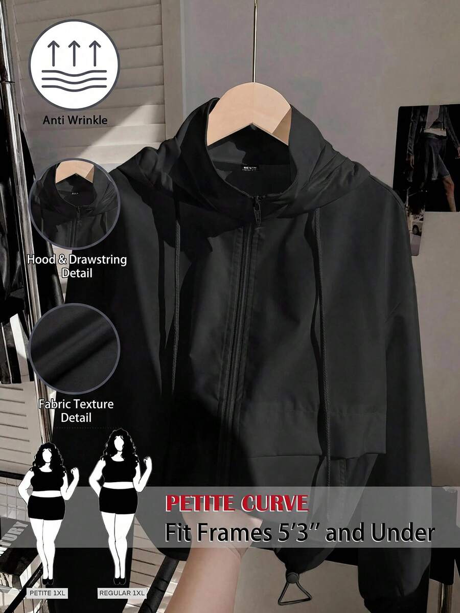 SHEIN PETITE CURVE Plus Size Women's Solid Color Drawstring Hooded Zip-Up Casual Versatile Daily Wear Jacket - Black - View 1