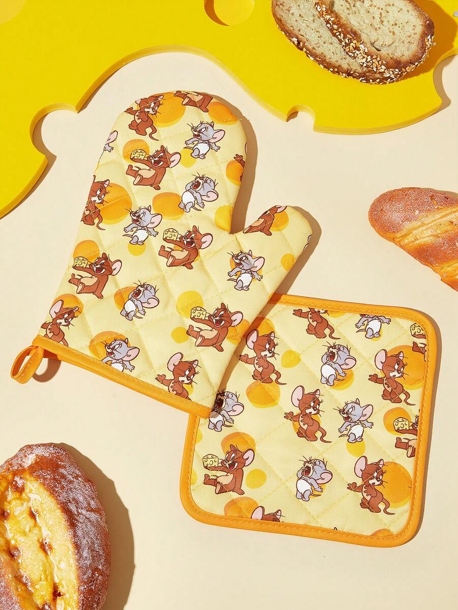 TOM & JERRY X SHEIN 1/2 PC Cute Cartoon Print Kitchen Insulation Set, Oven Gloves/Insulation Mat, A Must For Kitchen Baking, Effectively Isolating Heat Sources, Single/Combination - View 1