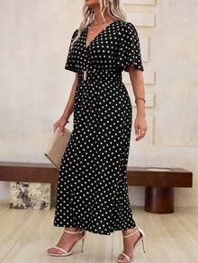 Vionelle Plus Size Women's Fashionable Long Allover Print Dress With Ruffled Short Sleeves, Side Slit And - Black - View 4