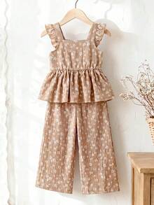 SHEIN Vintaside Kids 少女雛菊圖案荷葉袖上衣與長褲可愛兩件套 - 卡其色 - 查看 7