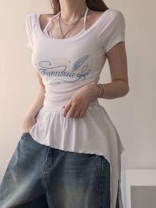 DAZY Women's Korean Style Casual Camisole Short Sleeve T-Shirt For Spring And Summer - White - View 6