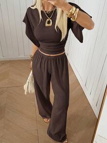 SHEIN EZwear Women's Solid Color Pleated Top And Elastic Waist Long Pants Casual Daily Set Brunch Dark Brown Summer - Coffee Brown - View 1
