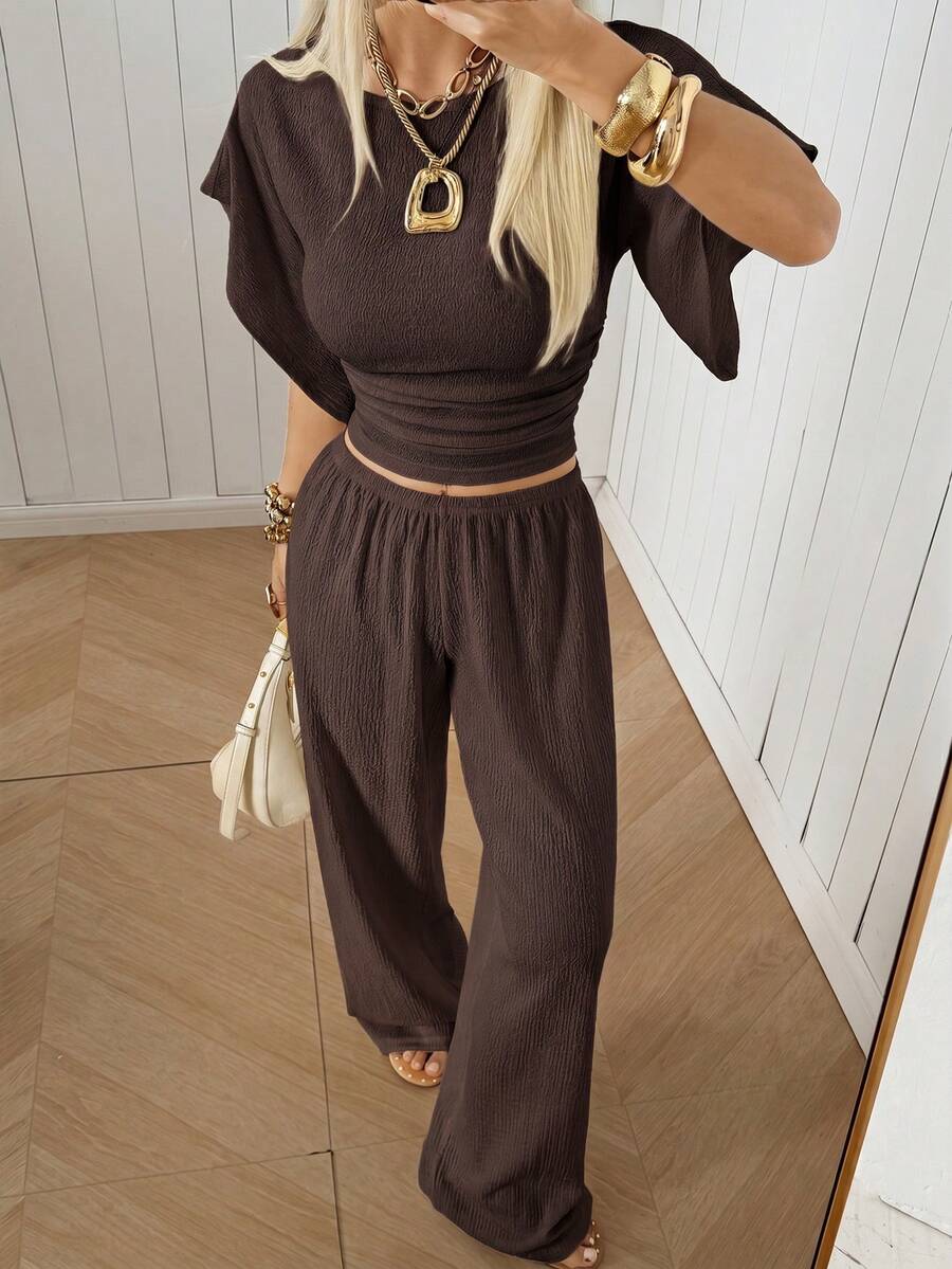 SHEIN EZwear Women's Solid Color Pleated Top And Elastic Waist Long Pants Casual Daily Set Brunch Dark Brown Summer - Coffee Brown - View 1