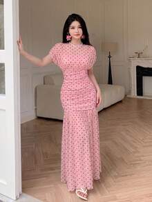 Modelyn 粉色薄紗波點壓褶優雅夏季度假法式風格婚禮女裝洋裝 - 粉色 - 查看 7