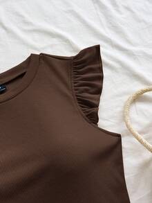 Soleia WYWH Vacation Ruffle Trim Ribbed Dark Brown Knit Tee Going Out Summer Casual - Coffee Brown - View 4