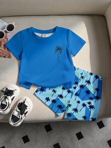SHEIN Playful Pals RANDOM 1套男嬰彩色度假休閒極簡時尚經典度假椰子樹字母印花圓領T恤與配套短褲全身椰子樹圖案拼色印花套裝，適合春/夏季出遊、度假等 - 彩色 - View 3