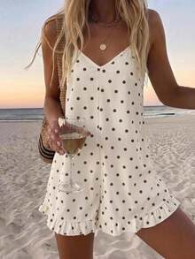 SHEIN LUNE Damen Lässig Polka Dot Sommer Urlaub Pendeln Alltag Basic Mode Ausgehen Outfit Ärmellos Spaghettiträger Jumpsuit - Gelb - Übersicht 2