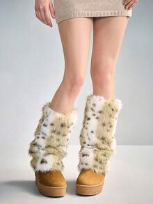 ROMWE 1Pair Brown Y2K Millennial Babes Kawaii Sweet Cute Leopard Print Animal Texture Plush Stylish Simple Ladies Leg Cover, Fit For College - Brown - View 2